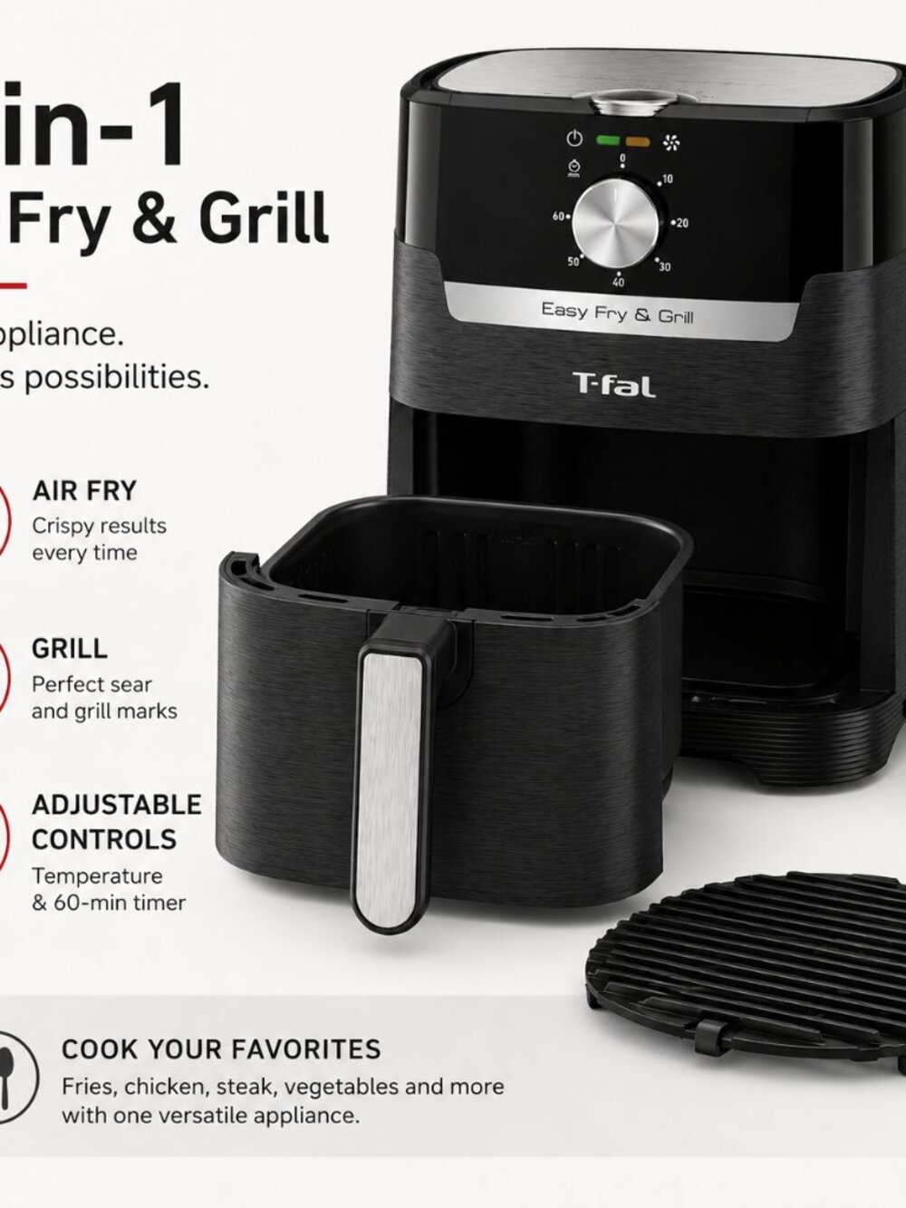 T-Fal Easy Fry & Grill Precision 2-in-1 Air Fryer, 4.4QT Capacity Black